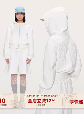yawhat原创设计白色立体翅膀贴布绣短款外套上衣拉链开衫连帽卫衣