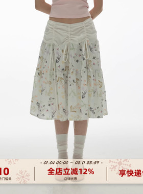 yawhat纯棉碎花印花伞裙抽绳绑带抽褶腰半身裙A字裙小清新薄中裙