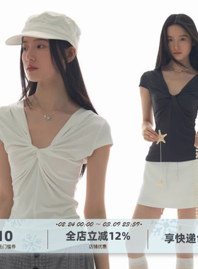 yawhat黑白纯色连帽V领扭结短袖T恤女气质修身百搭显瘦夏季薄上衣