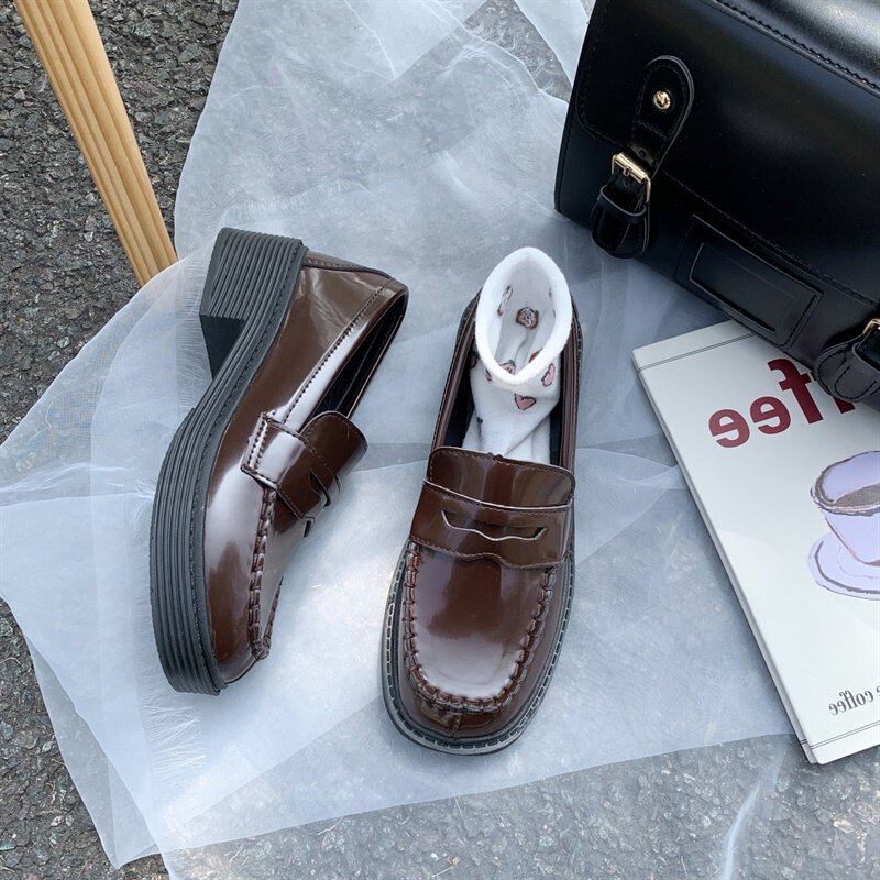 日系春秋女学生方头洋气乐福单鞋经典款一脚蹬方跟增高jk小皮鞋潮