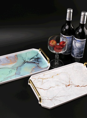 轻奢大理石纹方形托盘水杯盘茶盘家用客厅置物盘化妆品收纳盘白色