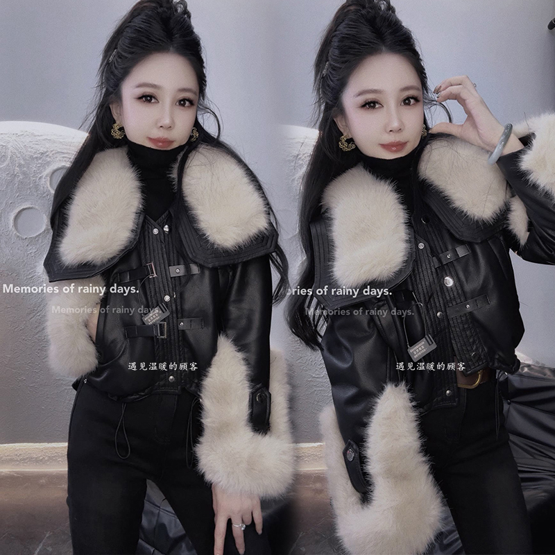 外套女大毛领加绒加厚皮夹克上衣