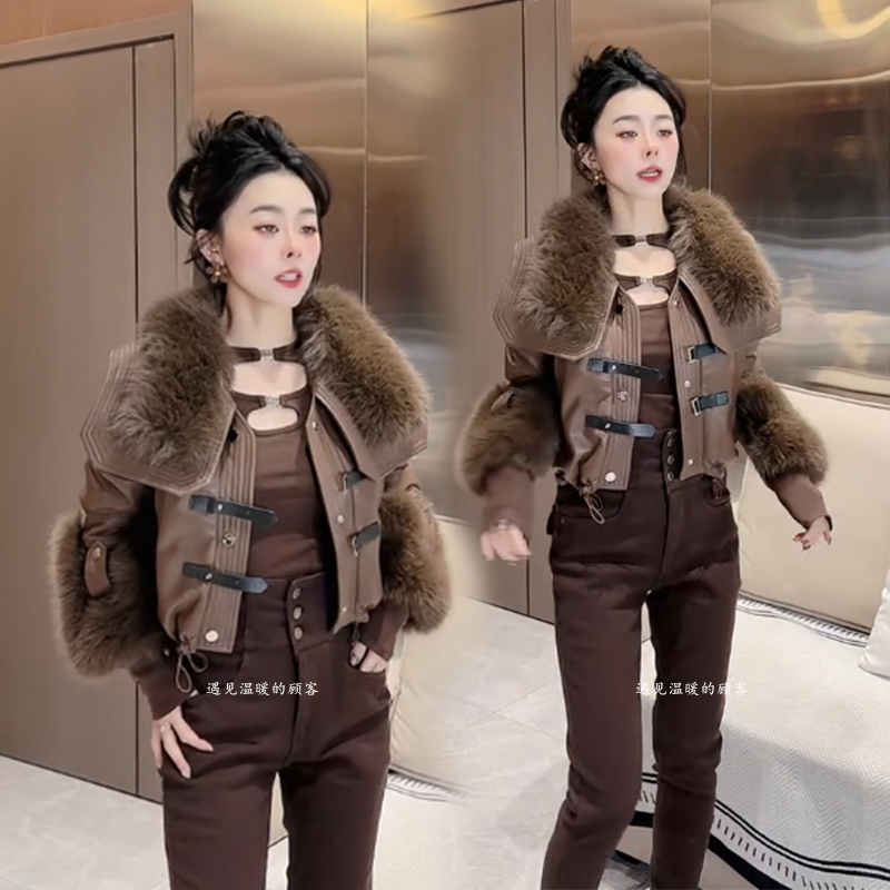 皮毛一体短外套加绒加厚皮夹克