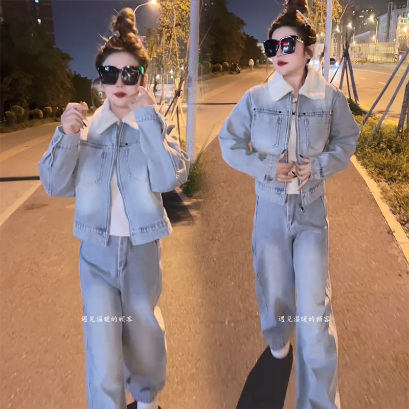 加绒牛仔套装女2025冬季新款韩版时尚高级感加厚外套阔腿裤两件套