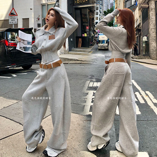 时尚套装女2025春秋季新款港风收腰显瘦长袖外套阔腿拖地裤两件套