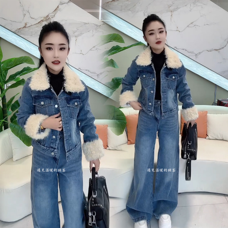 牛仔套装女2026冬季新款时尚洋气加绒加厚短款外套阔腿长裤两件套