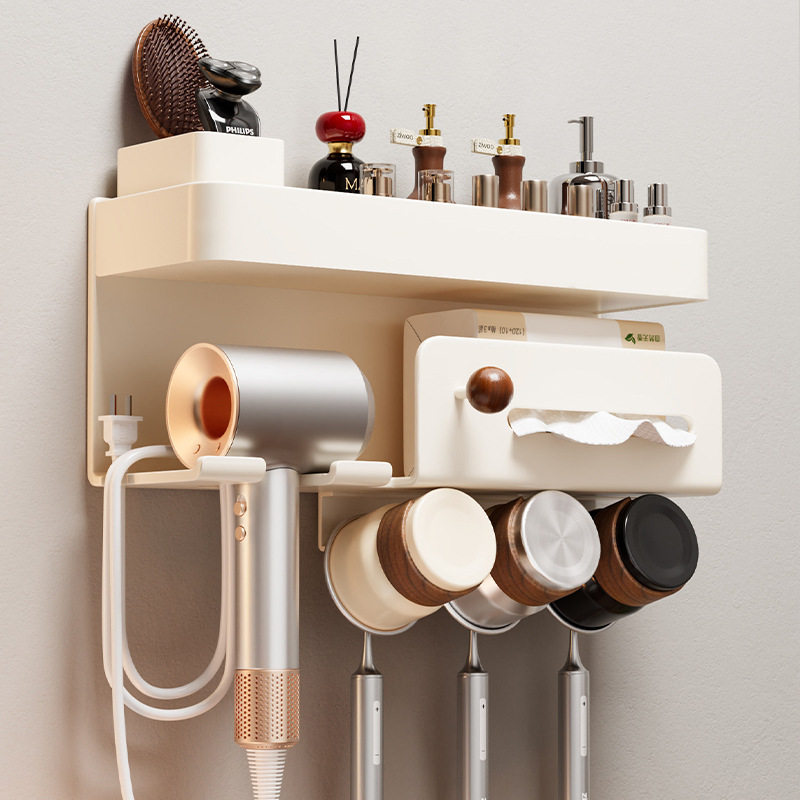 牙刷置物架浴室壁挂式免打孔卫生间洗漱手台漱口杯吹风机一体挂架