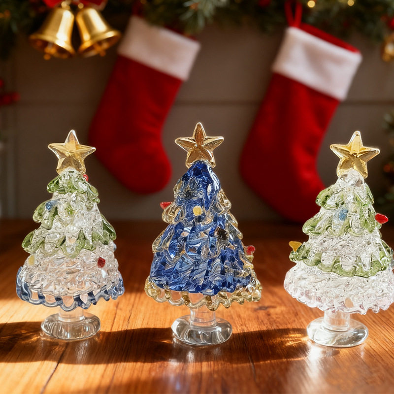 淄博琉璃圣诞树彩色工艺品摆件圣诞节礼物玻璃制品车载桌面装饰品
