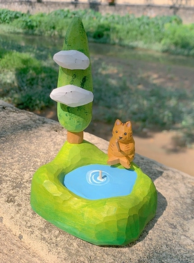 佛系治愈手工木雕钓鱼猫咪办公桌面摆件创意家居装饰礼物