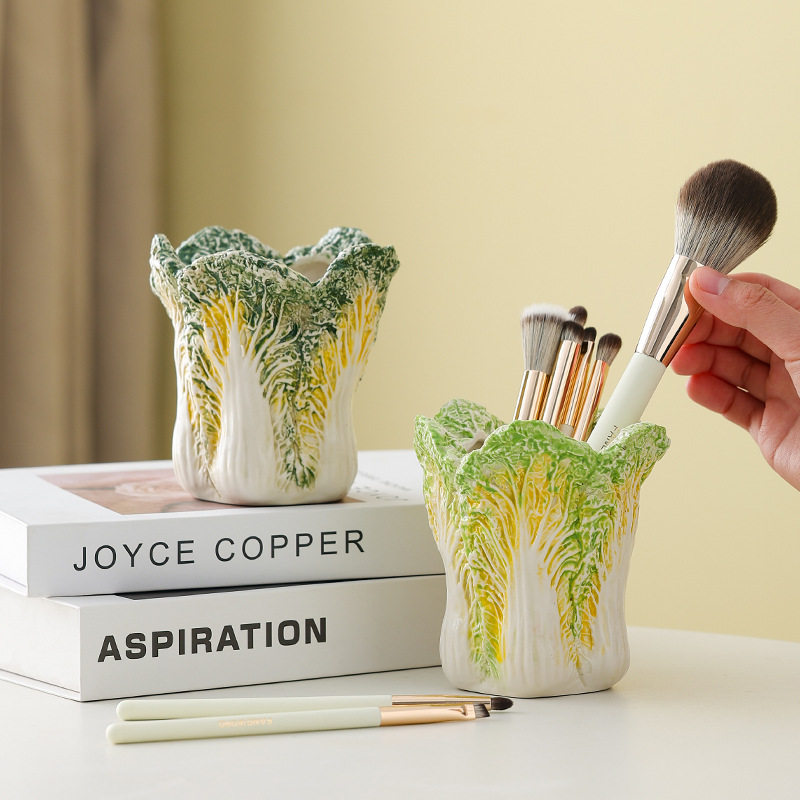 陶瓷白菜笔筒百财招财礼品化妆刷收纳筒刷子收纳盒桌面笔筒梳妆台