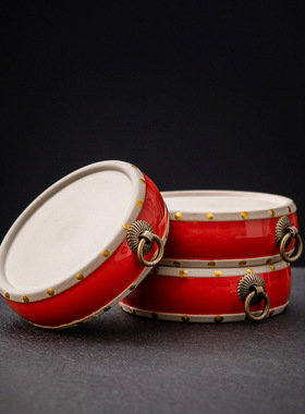 新中式国潮国风红色钟鼓工艺品摆件茶壶底座盖置博古架书房装饰品