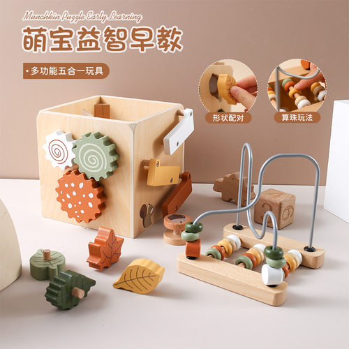 木质绕珠配对五合一益智玩具