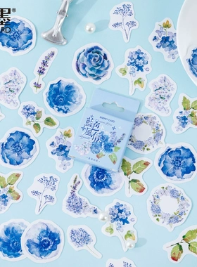 成长手册盒装贴纸相册蓝色花朵花环高级感花卉手帐装饰DIY封口贴