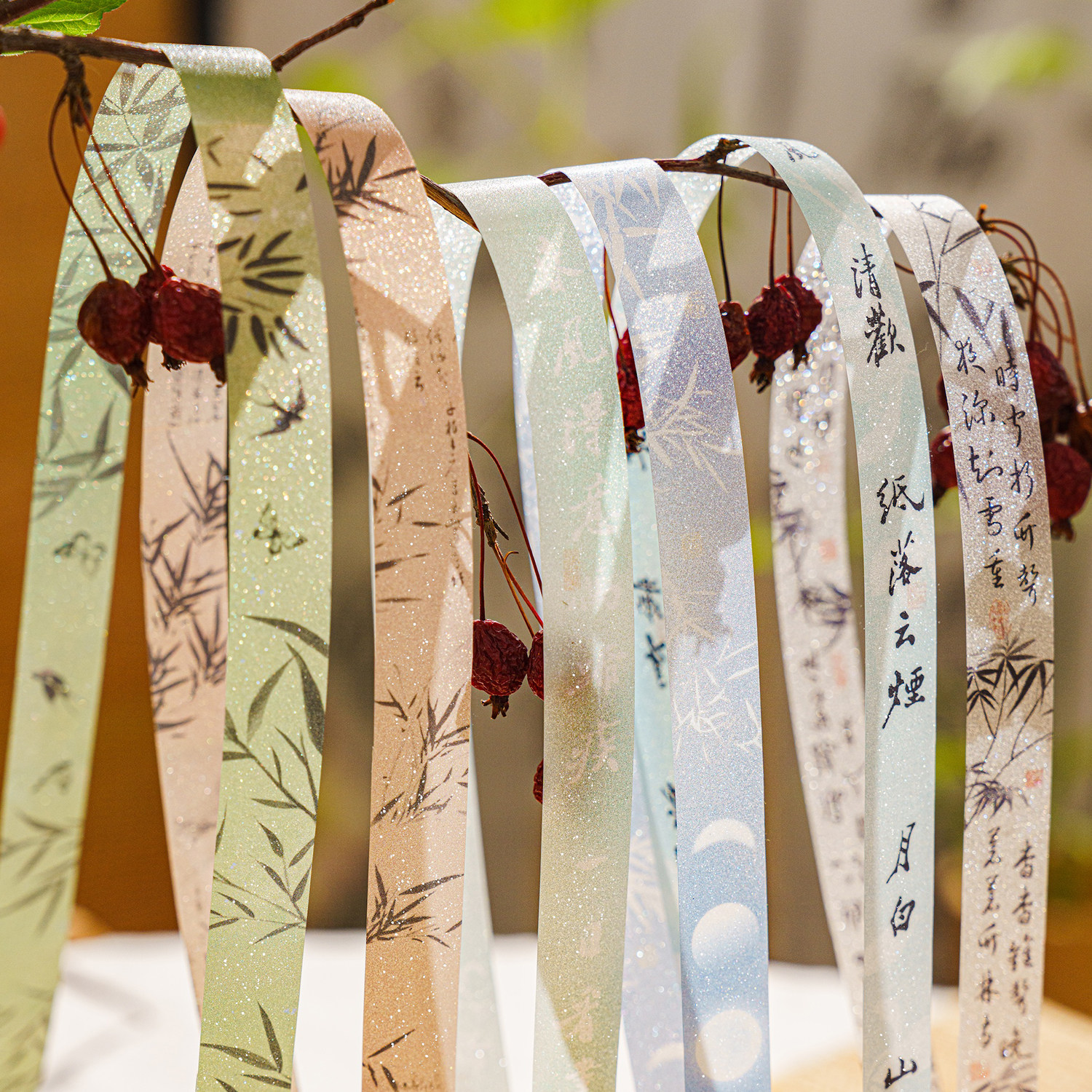 白茶清欢国风书法文字闪砂PET胶带整卷 文艺ins古风手账diy