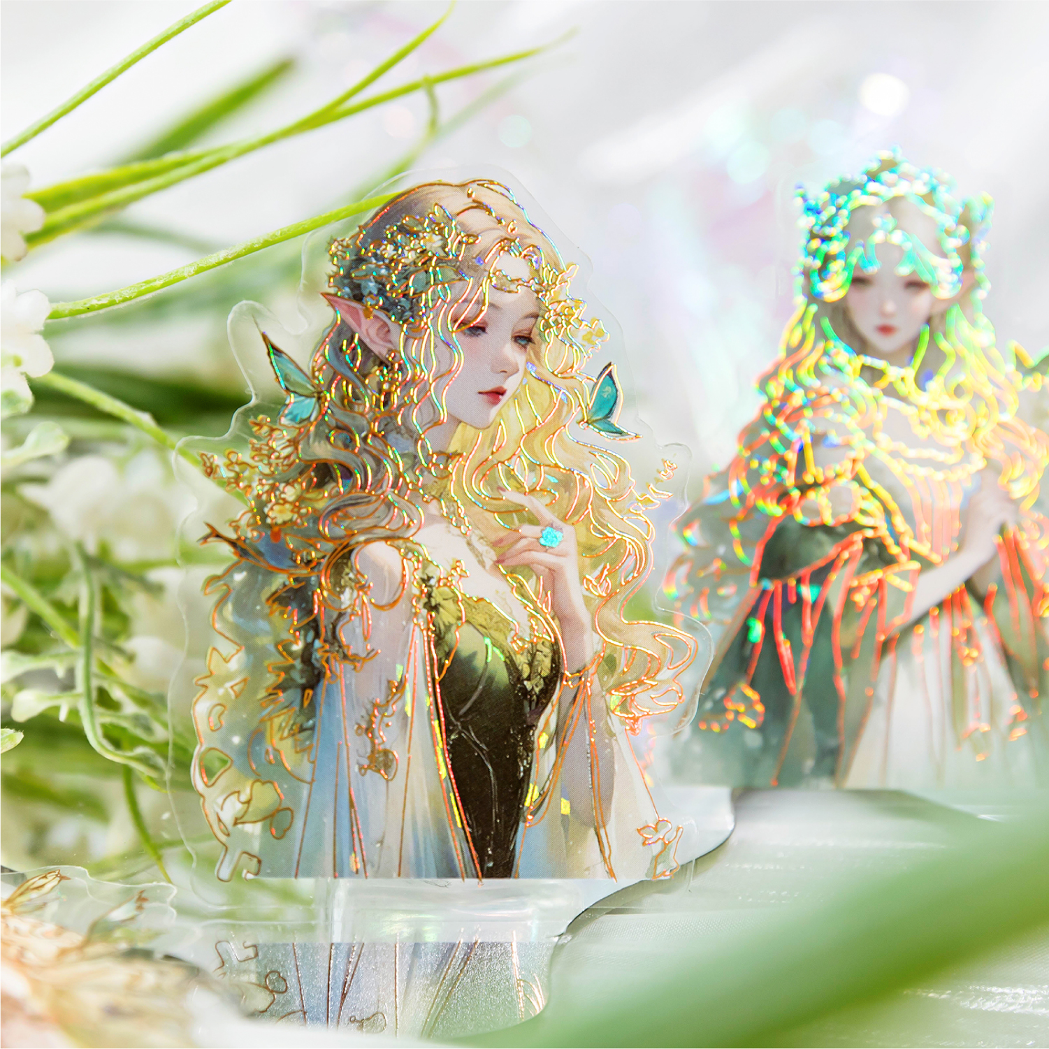 冰晶PET立体镭射金梦幻少女精灵主题贴纸复古手帐DIY装饰素材贴画图片