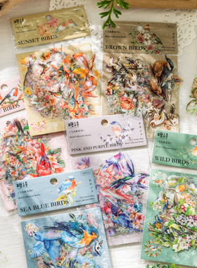 ins风飞鸟集彩色树枝小鸟贴纸防水diy手账手机高颜值装饰素材贴画