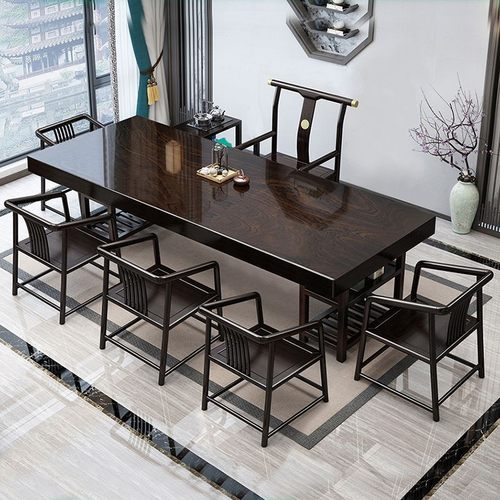 黑檀实木大板桌茶台办公组合家具巴花整块原木紫光檀木茶桌