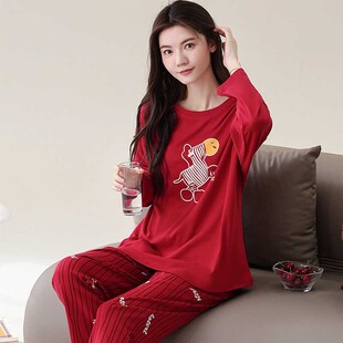 2025年新款女纯棉睡衣套头式圆领本命年大红春秋家居服秋冬可外穿