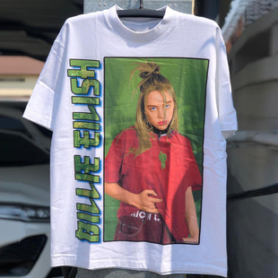 Billie Eilish碧梨人像vintage高街阿美咔叽复古说唱嘻哈短袖T恤