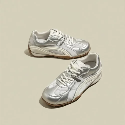 银色德训鞋赛车鞋女款 新款春季软皮运动休闲百搭内增高鞋子