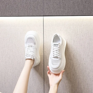 真皮网面小白鞋女厚底韩版运动鞋女内增高休闲系带板鞋女