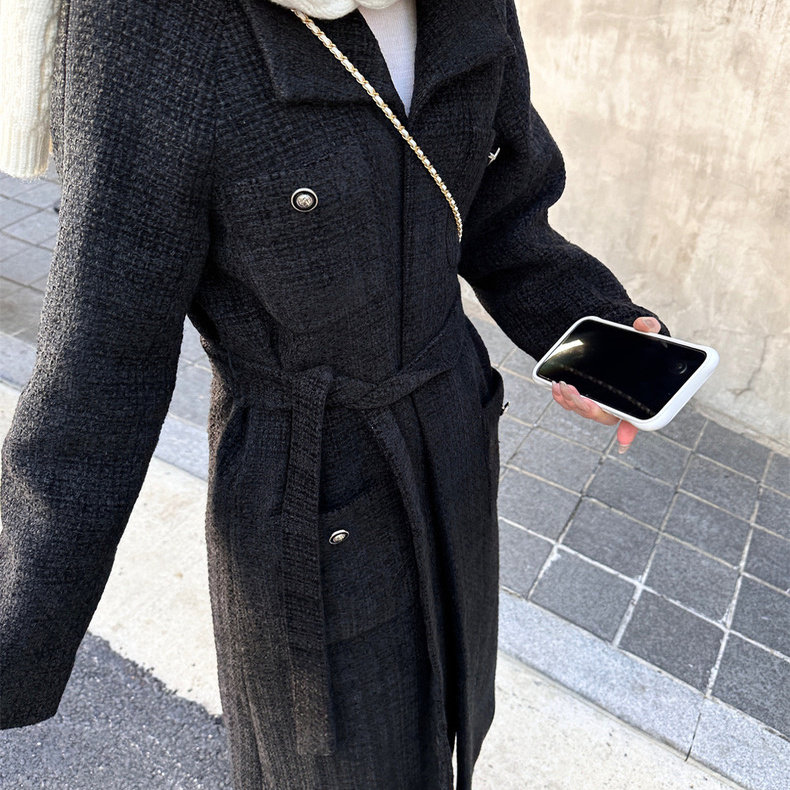 春秋韩版新款小香风超长款黑色毛呢外套女高级感气质加厚流行大衣