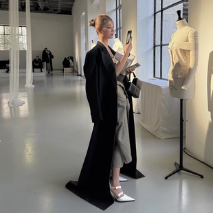 黑色高个子西装外套女超长款落地秋季韩版宽松正肩到脚踝西服大衣