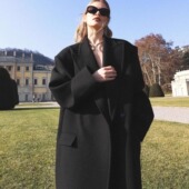 加长款 黑色毛呢外套女2025秋冬新款 韩版 加厚宽松廓形高级感呢大衣