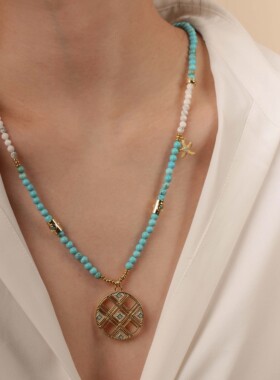 镀金绿松石女个性大体感吊牌项链