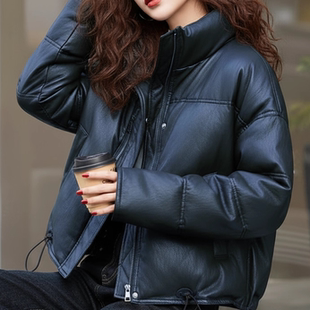 2025新款立领PU皮衣羽绒服女短款小个子显瘦白鸭绒外套有质感百搭