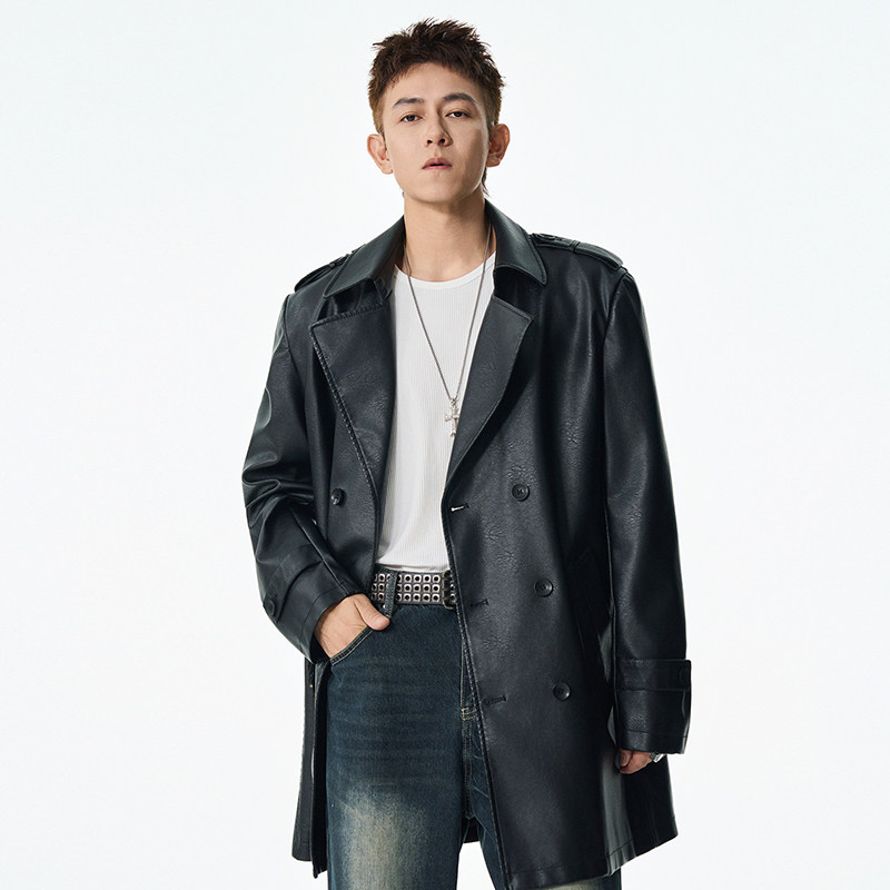 2026新款男士大牌极简皮衣中长款外套 潮男痞帅时尚风衣夹克