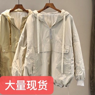 2025冬季 簡約夾棉連帽上衣潮 加厚保暖純色棉服女套頭寬松大碼 新款