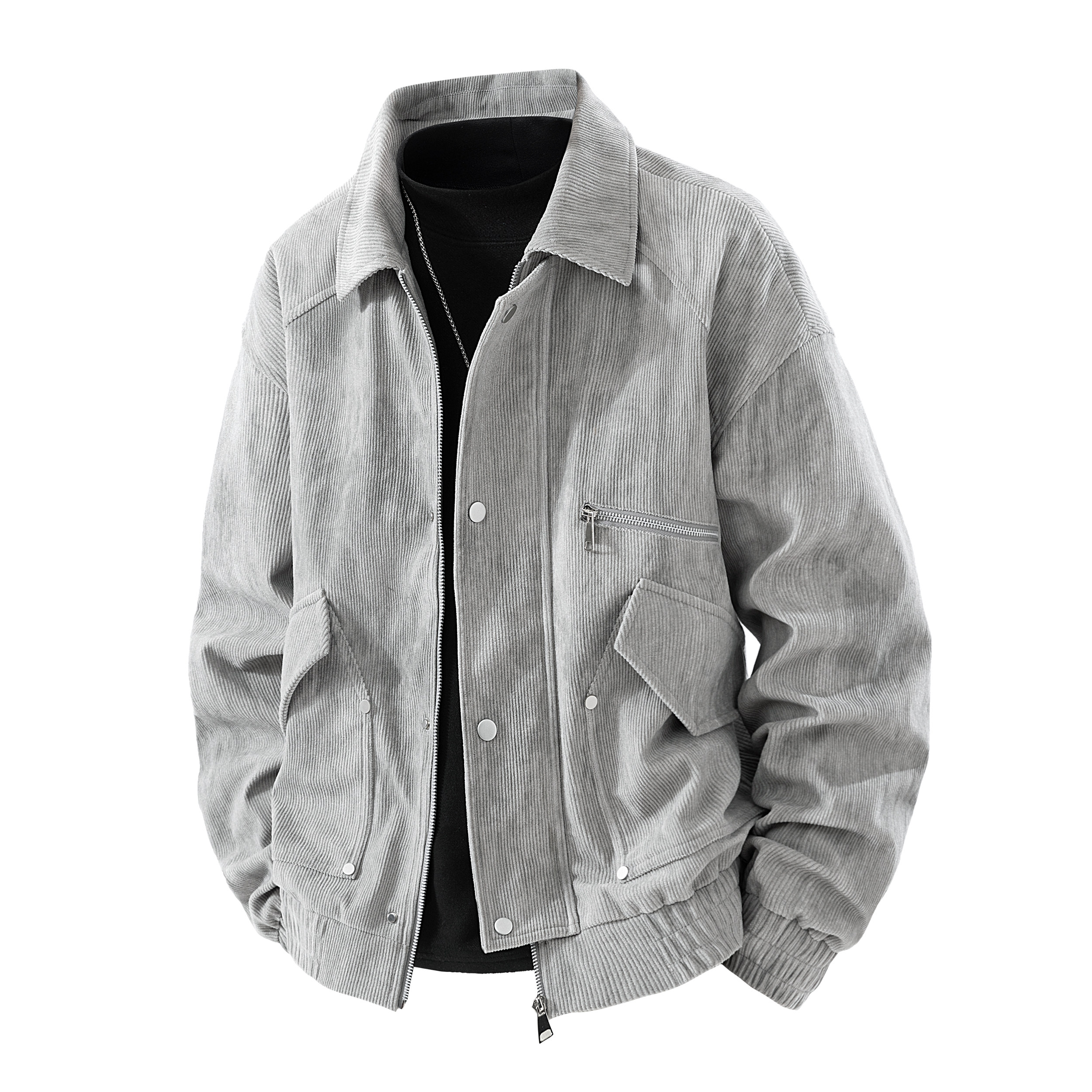 春秋新款灯芯绒美式工装条纹夹克男翻领夹克男外套休闲上衣棒球服