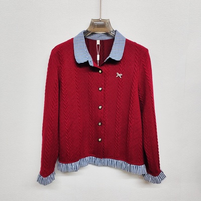 YF2551秋深红长袖针织开衫格子假两件小个女毛衣外套名媛气质款