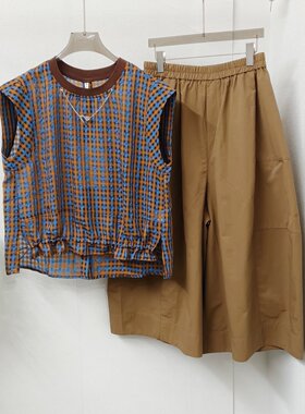 商场同款天丝格子无袖夏款女套装