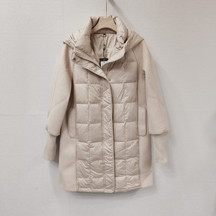 时尚气质连帽中长款羽绒服女冬装显瘦百搭针织袖拼接毛呢显瘦外套