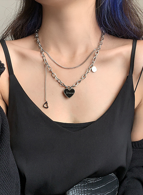 双层叠戴辣妹黑色爱心项链女甜酷设计ins钛钢不掉色锁骨链t恤配饰