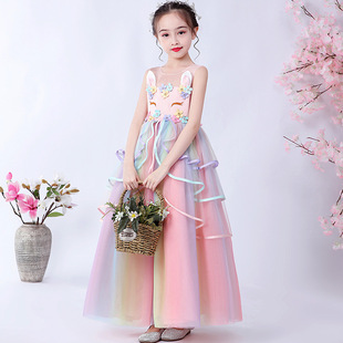 连衣裙夏季新款女大童舞蹈裙独角兽网纱彩虹色公主裙六一演出礼服