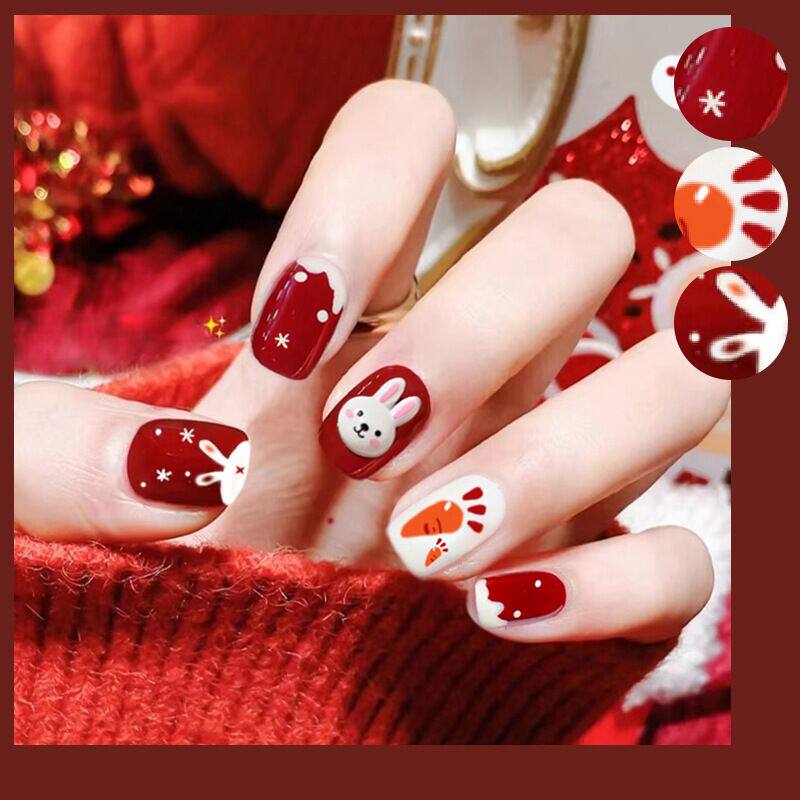 2023秋冬过年款假指甲贴片美甲穿戴甲红色显白萌趣小兔短款纯欲风