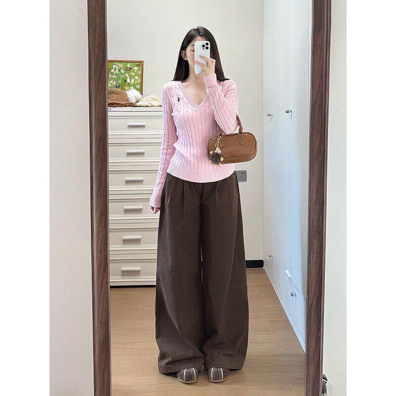 2026新款原版面料V领宽松套头毛衣女针织衫上衣粉色均码冰丝肩带