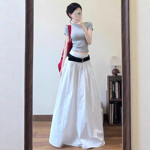 2026新款法式赫本风休闲气质宽松腰封白色A字半身拖地长裙伞裙女