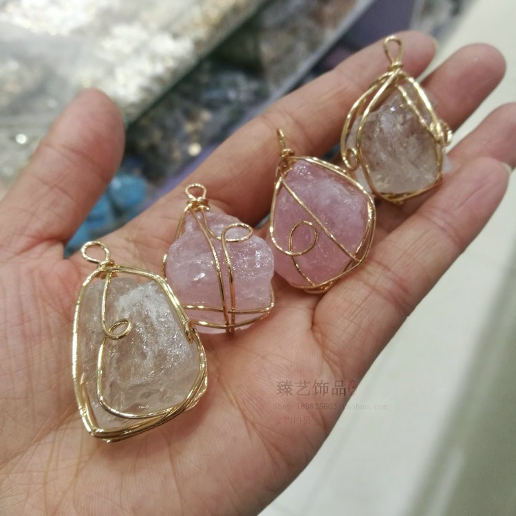 手工绕线白水晶粉晶吊坠 水晶原DIY配件