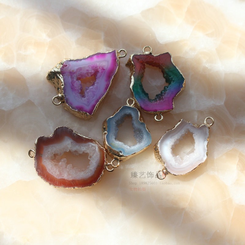 天然玛瑙水晶牙晶洞吊坠 原石切片包边单双孔项链毛衣坠diy饰品