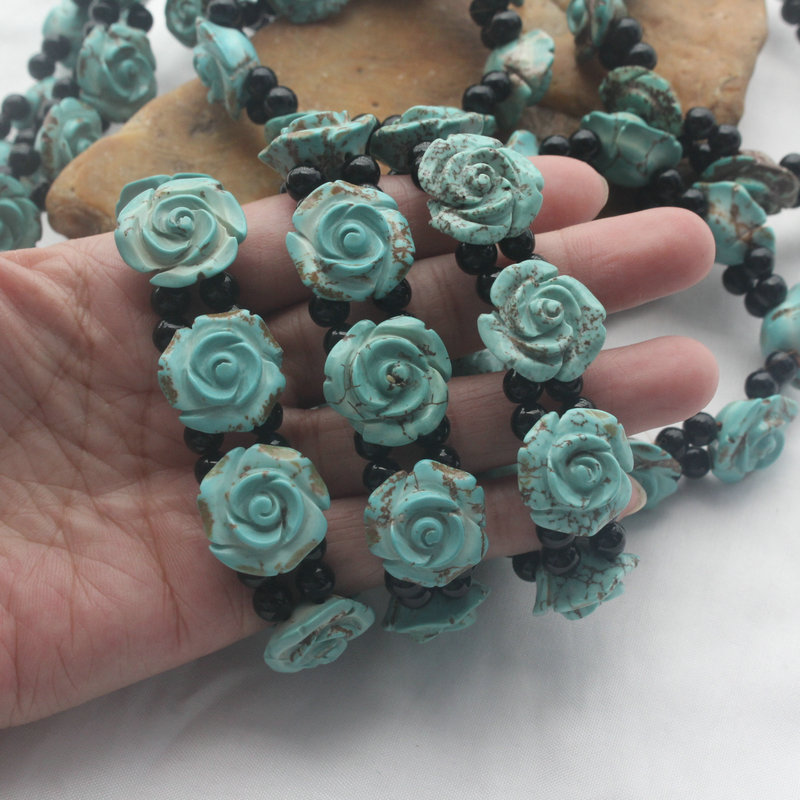 绿松石雕玫瑰花手串夹珠手链饰品