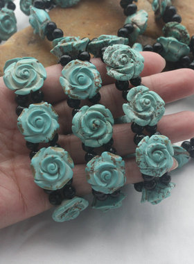 绿松石雕花手串20MMM单面雕刻玫瑰花瓣夹珠手链复古文玩饰品