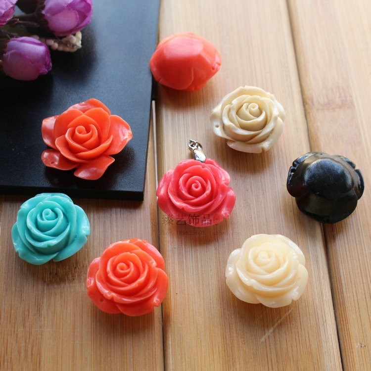 珊瑚粉压玫瑰花 红粉黑蓝桔和田玉色单孔花朵耳发簪项链坠diy饰品