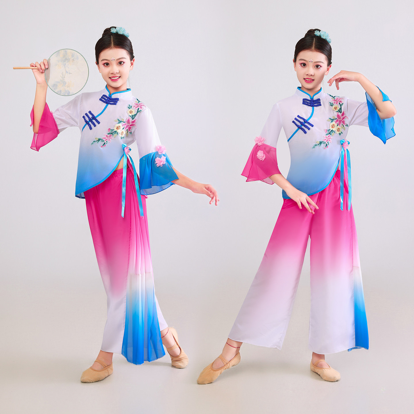 儿童古典舞表演服女新款飘逸渐变纱衣中国风民族秧歌服演出服套装