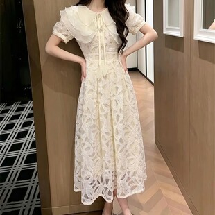 26夏季新款荷叶领轻奢甜美复古法式钩花镂空水溶蕾丝连衣裙A字裙