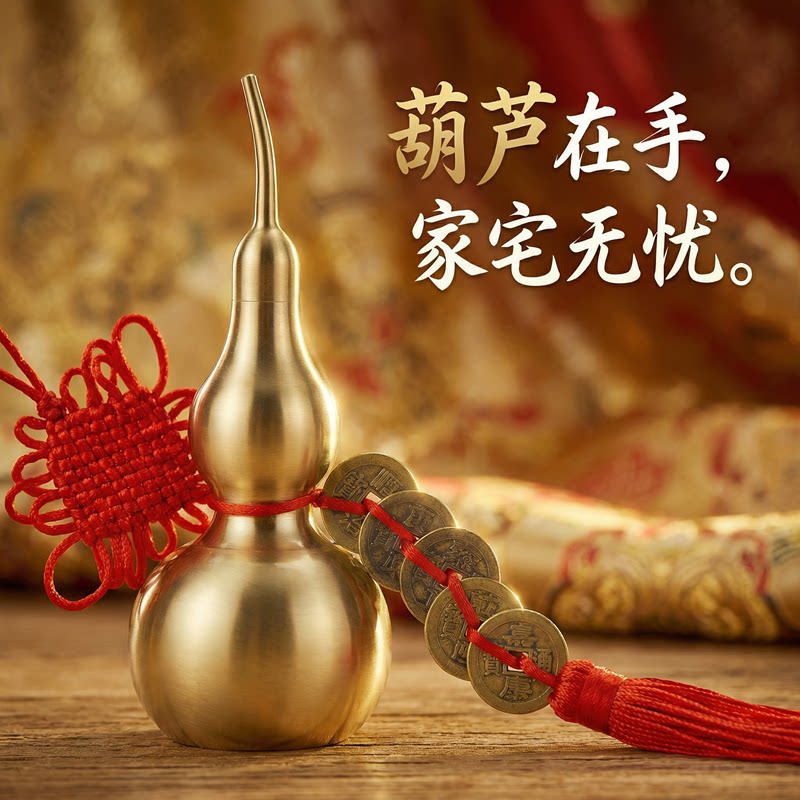 【己开】纯黄铜开口空心葫芦五帝钱客厅卧室挂件吉祥摆件铜葫芦