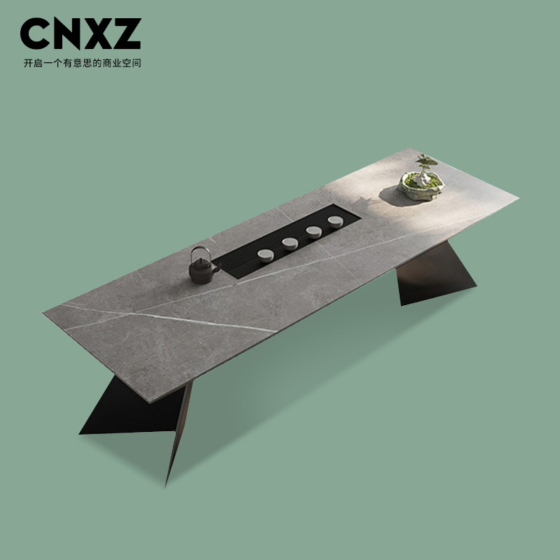 岩板大板桌茶台桌椅组合意式极简功夫茶几套装一体办公室会客茶桌